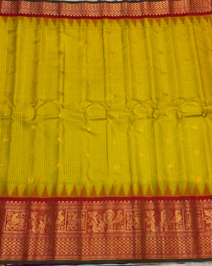Pure Gadwal Silk Saree in Mustard Yellow Checks with Rich Red Zari Border - pochampallysarees.com