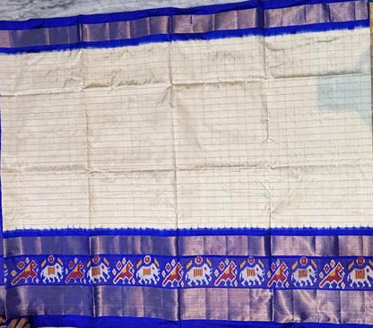 Off-White &amp; Royal Blue Ikkat Silk Saree with Checked Blouse