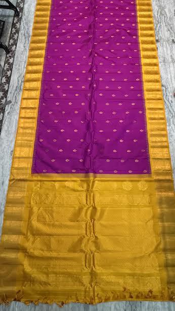 Pure Gadwal Silk Saree in Magenta and Mustard Yellow with Zari Border