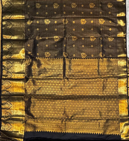 Classic Black &amp; Antique Gold Semi Dharmavaram Silk Saree with Zari Checks and Brocade Pallu