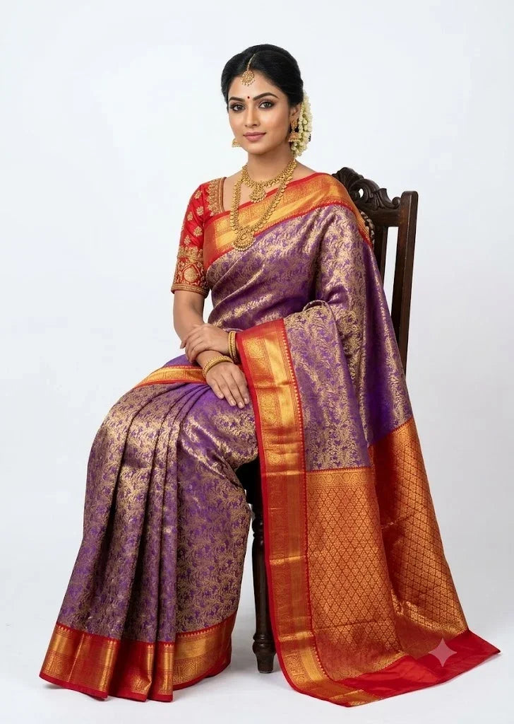 Luxurious Purple Dharmavaram Silk Saree with Gold Zari and Red Accents - pochampallysarees.com