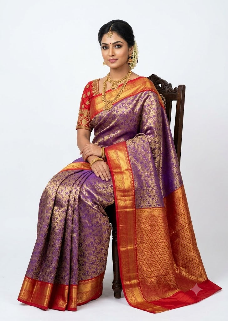 Luxurious Purple Dharmavaram Silk Saree with Gold Zari and Red Accents