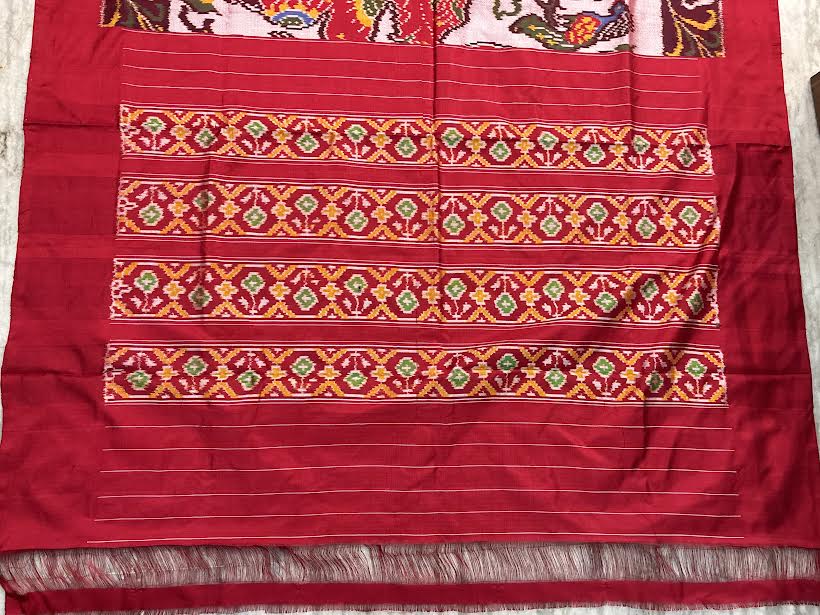 Handcrafted Ikkat Patola Silk Masterpiece Saree with Kalamkari Motif Body &amp; Traditional Pallu
