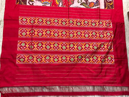 Handcrafted Ikkat Patola Silk Masterpiece Saree with Kalamkari Motif Body &amp; Traditional Pallu
