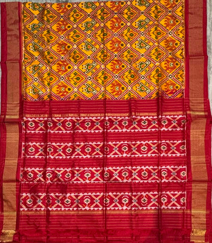 Authentic Pochampally Ikkat Silk Saree in Yellow and Maroon - pochampallysarees.com