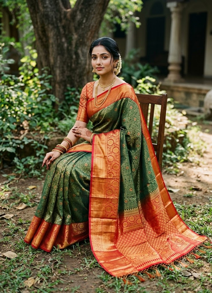 A graceful Indian woman seated in a lush traditional garden, wearing an elegant forest green and crimson red semi Dharmavaram silk saree with intricate gold zari borders and a rich brocade pallu.