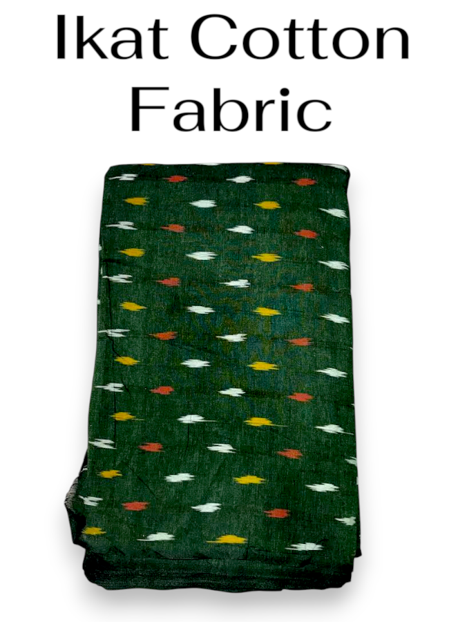 Folded forest green Ikat cotton fabric displaying traditional horizontal woven motifs in white, orange-red, and mustard yellow.