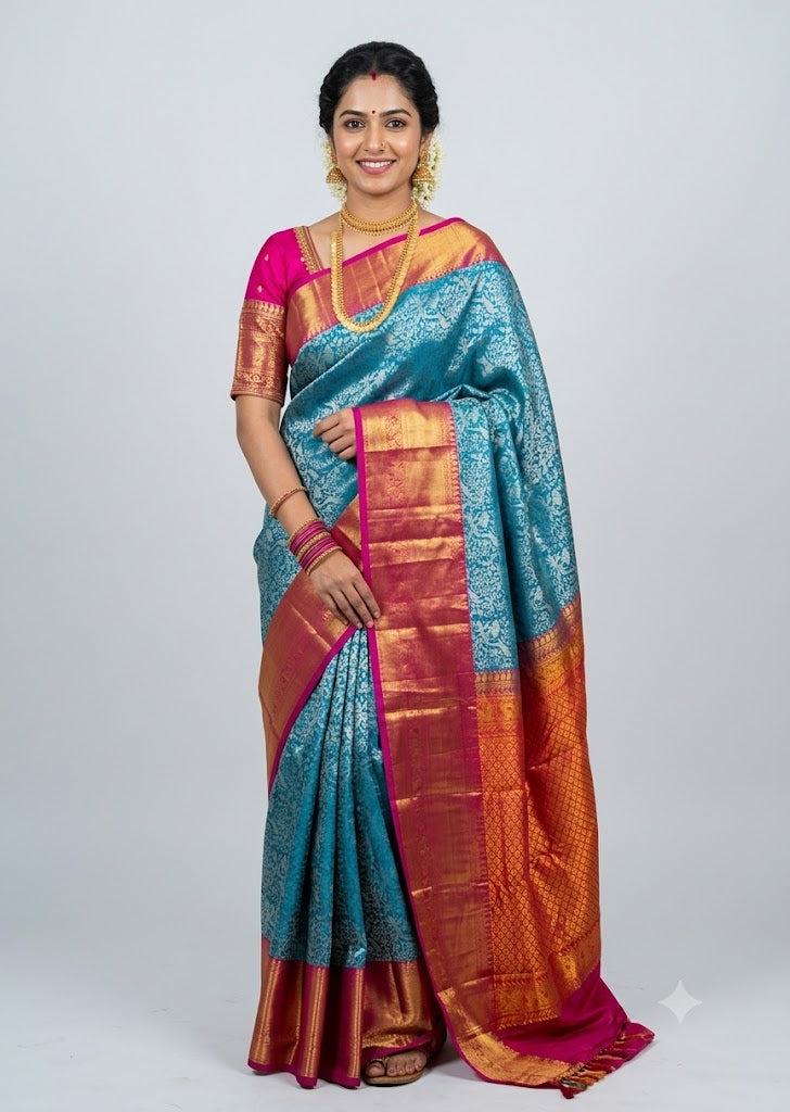 A traditional South Indian woman posing in a vibrant Ananda Blue Dharmavaram silk saree with a contrasting pink and gold zari border, pallu, and matching pink blouse against a studio backdrop
