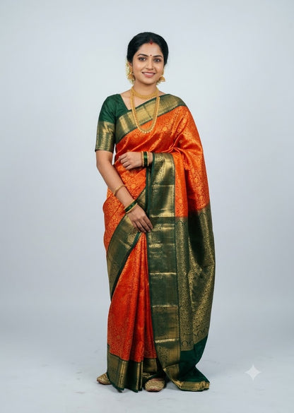 Full-length view of a traditional Indian woman posing in a vibrant orange Dharmavaram silk saree with a contrasting forest green and gold zari pallu, border, and matching green blouse