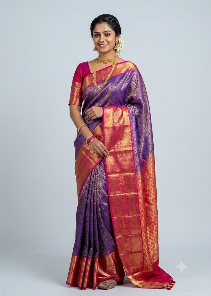 A traditional South Indian woman posing in a vibrant violet Dharmavaram silk saree with a contrasting pink and gold zari border, pallu, and matching pink blouse against a studio backdrop