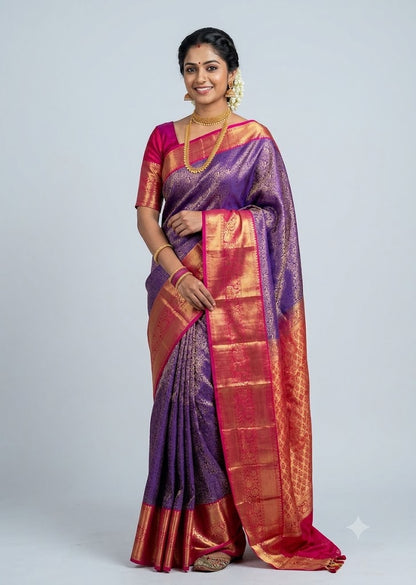 A traditional South Indian woman posing in a vibrant violet Dharmavaram silk saree with a contrasting pink and gold zari border, pallu, and matching pink blouse against a studio backdrop