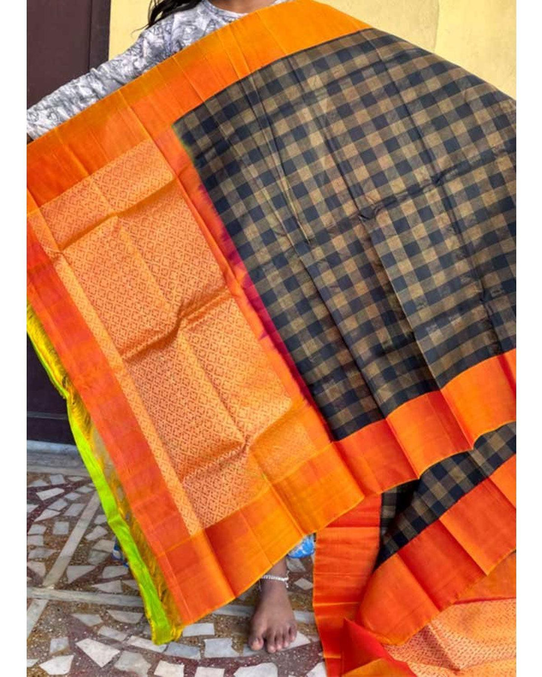 GADWAL SILK BLACK WITH ORANGE COLOR CHECKS DUPATTA-GSD26 - pochampallysarees.com