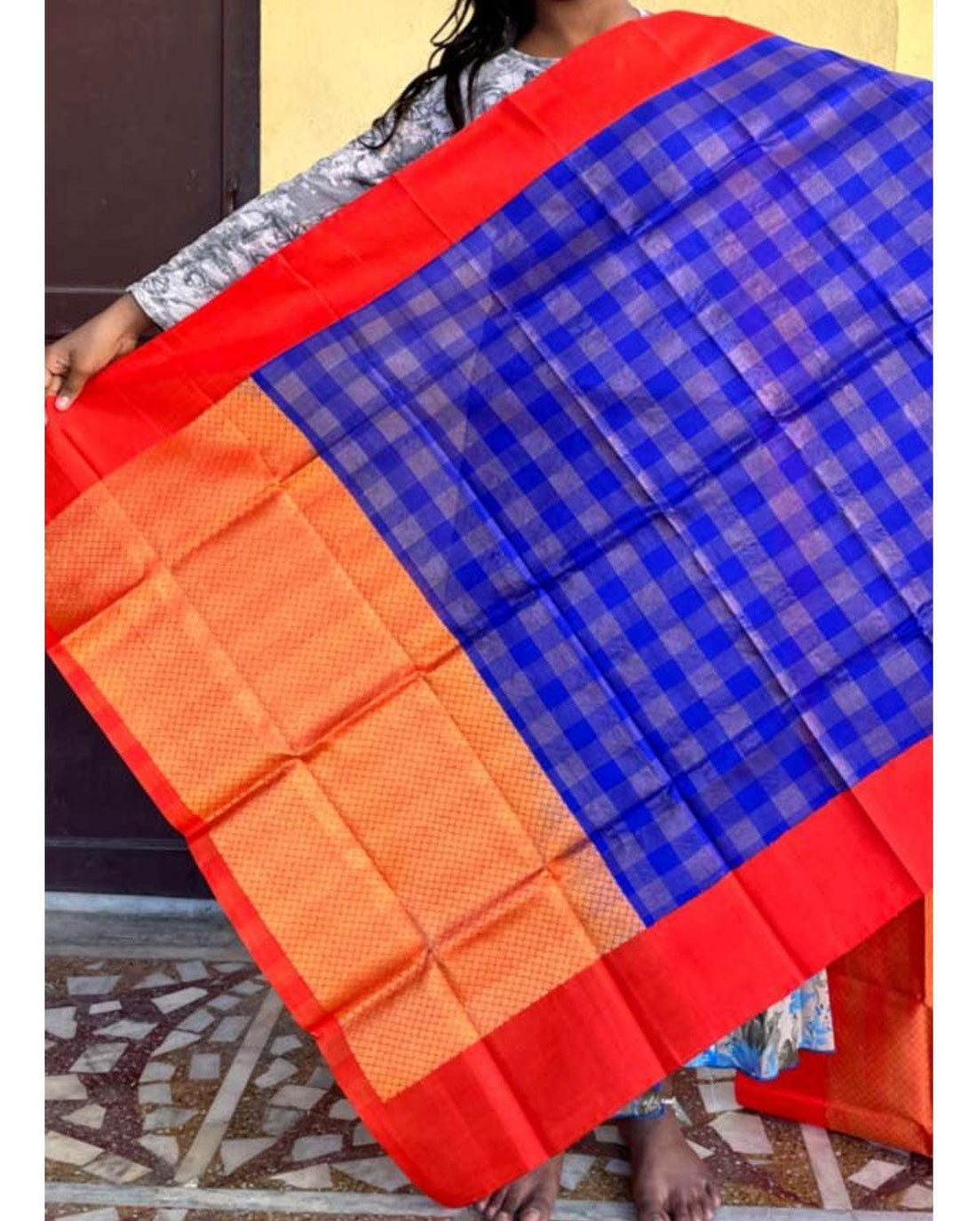 GADWAL SILK BLUE WITH ORANGE COLOR CHECKS DUPATTA-GSD-25 - pochampallysarees.com