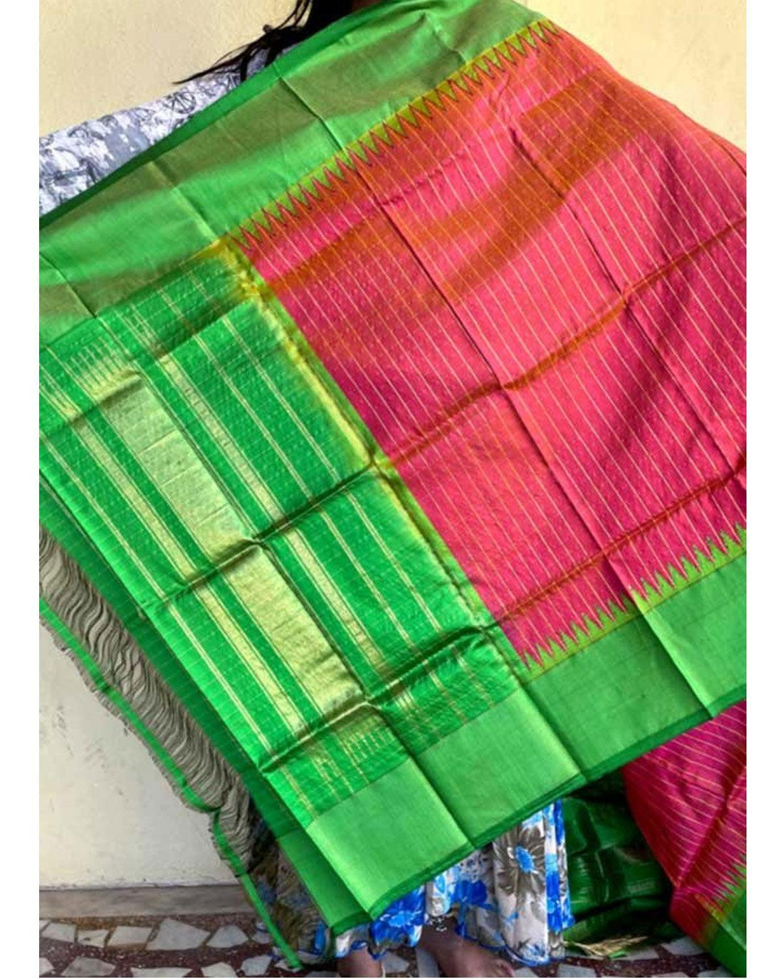GADWAL SILK LIGHT PINK WITH GREEN COLOR DUPATTA-GSD35 - pochampallysarees.com