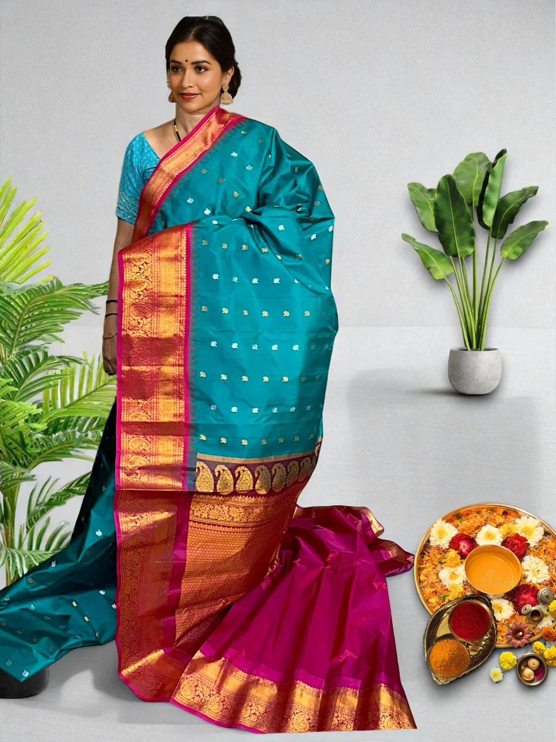 GADWAL SILK SARI Ananda Rama Green - pochampallysarees.com
