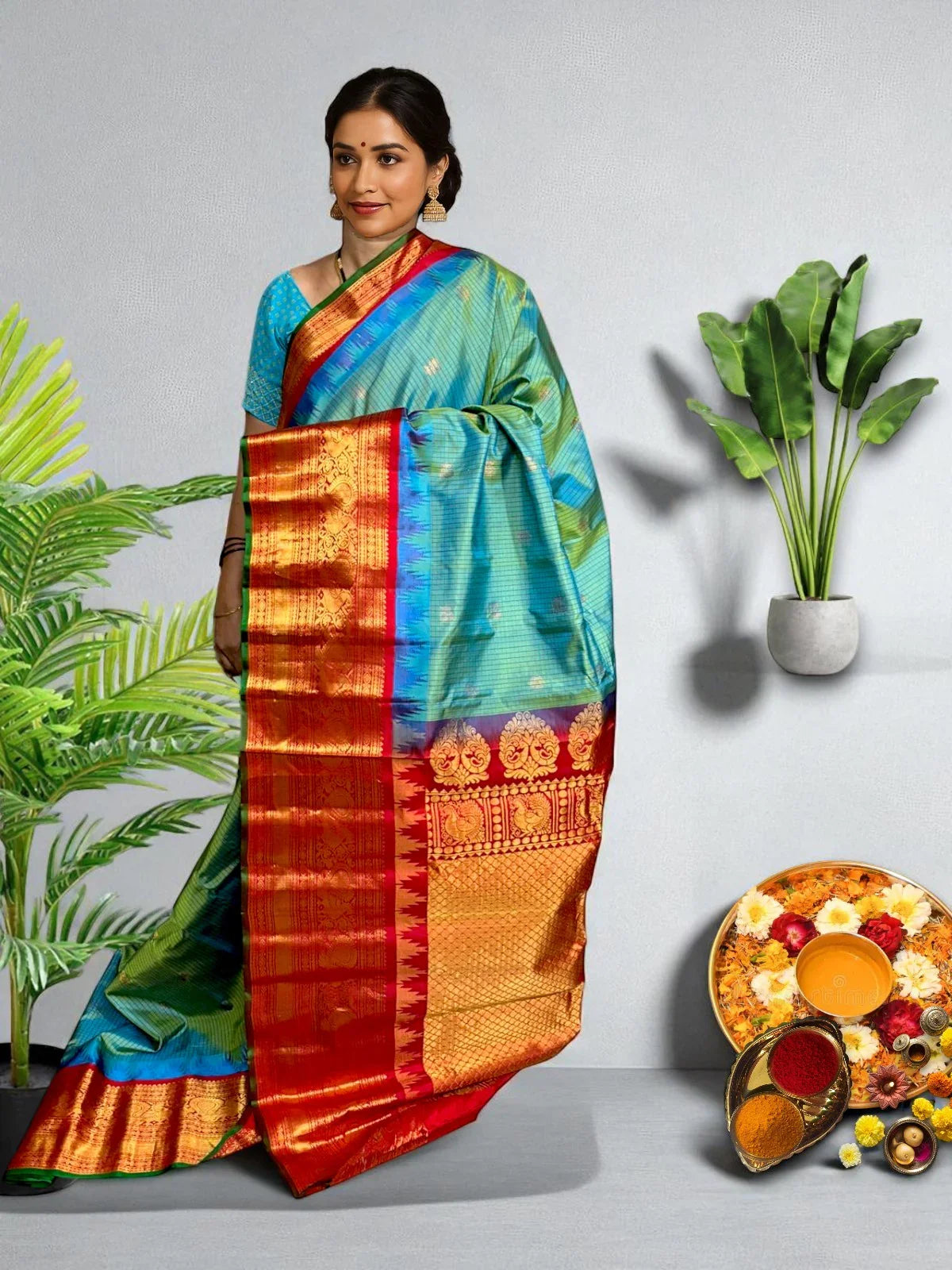 GADWAL SILK SARI DUAL SEA GREEN - pochampallysarees.com