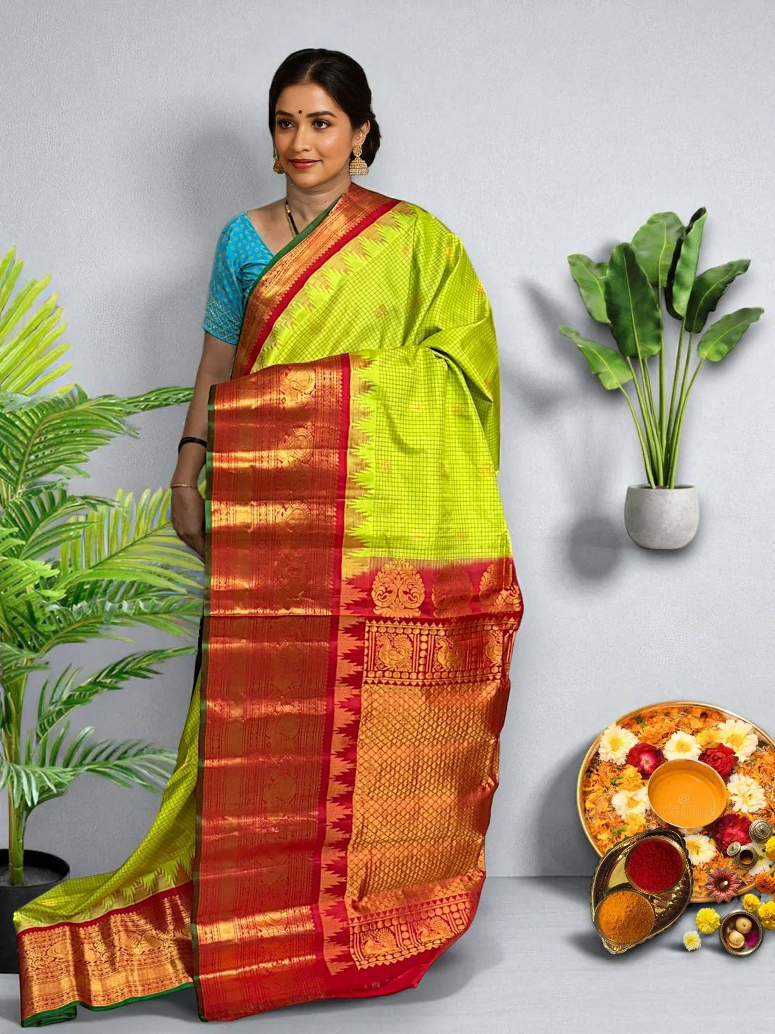 GADWAL SILK SARI PARROT GREEN - pochampallysarees.com