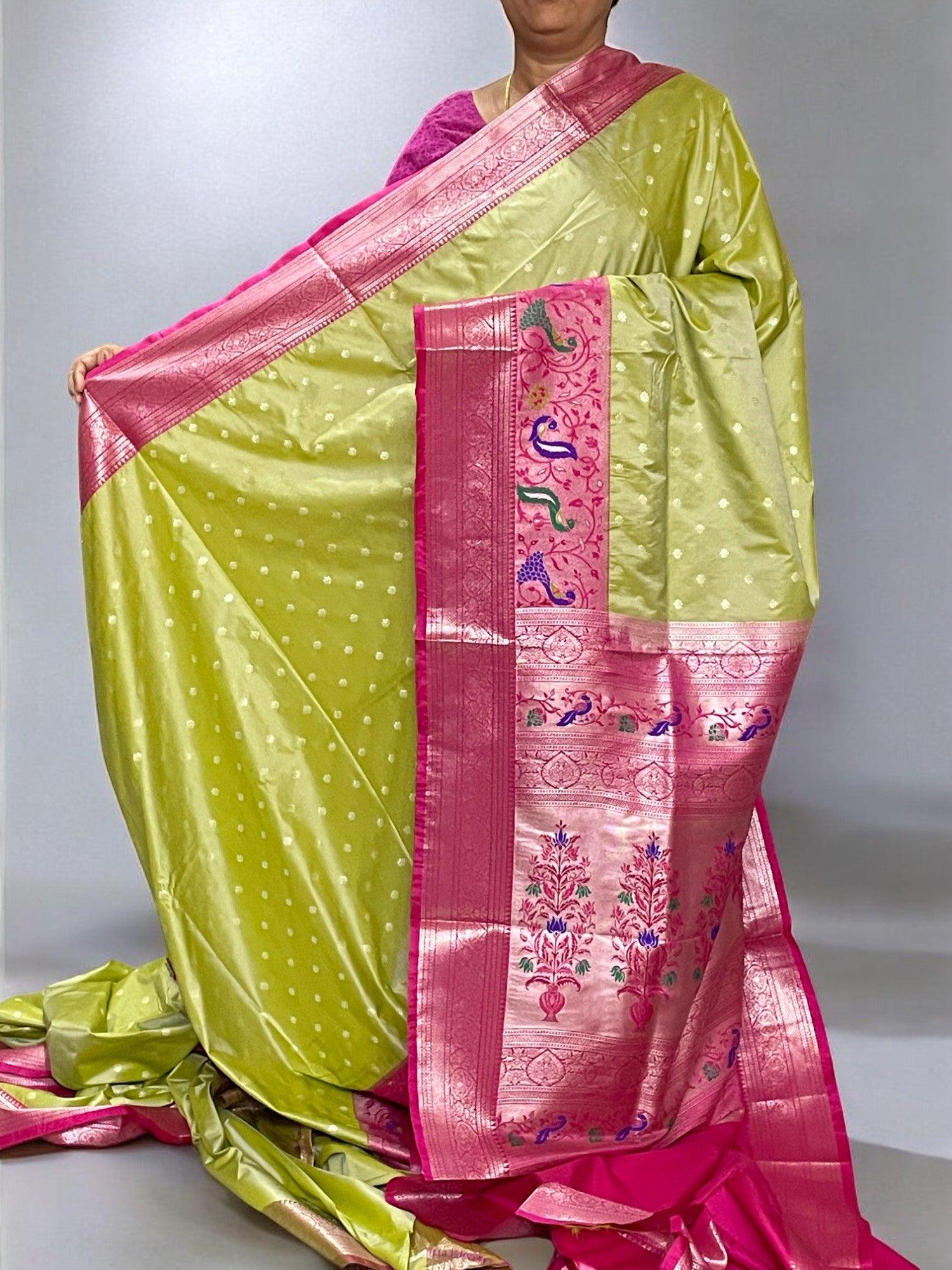 Gadwal Silk/Pattu Light Green Red Sari - pochampallysarees.com