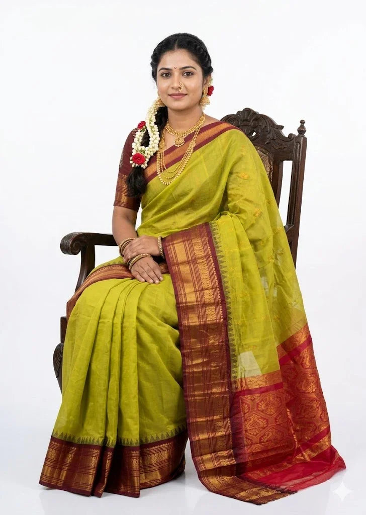 Traditional Lime Green Pure Gadwal Cotton Saree with Rich Maroon Zari Border - pochampallysarees.com