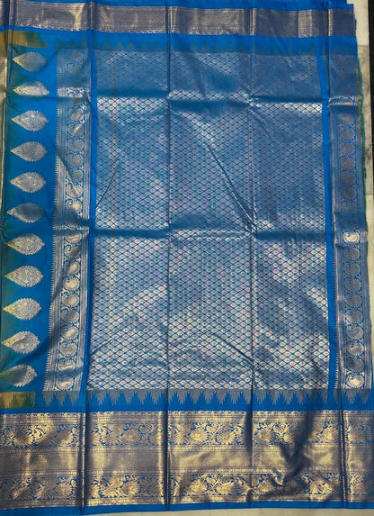 PURE GADWAL SILK YELLOW BODY BUTTI BROWN PALLU BLUE BIG BORDER AND BLOUSE BLUE SAREE - pochampallysarees.com