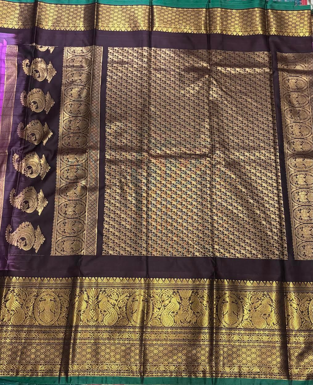 PURE GADWAL SILK PINK BODY BUTTI CHOCOLATE PALLU BLUE BIG BORDER AND BLOUSE BLUE SAREE - pochampallysarees.com