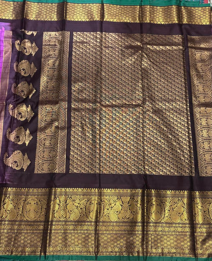 PURE GADWAL SILK PINK BODY BUTTI CHOCOLATE PALLU BLUE BIG BORDER AND BLOUSE BLUE SAREE - pochampallysarees.com