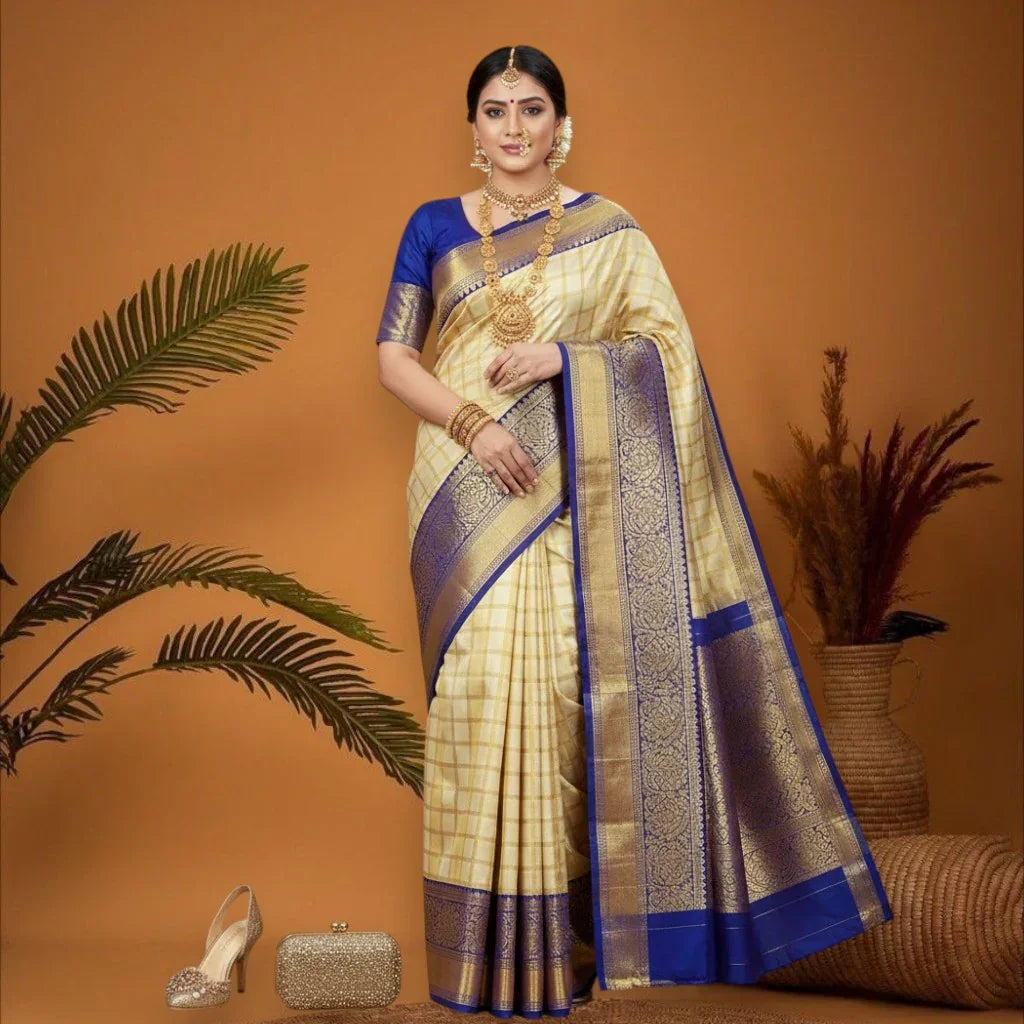 PURE GADWAL SILK CREAM BODY BUTTI BLUE PALLU BLUE BIG BORDER AND BLOUSE BLUE SAREE - pochampallysarees.com