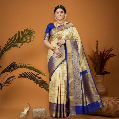PURE GADWAL SILK CREAM BODY BUTTI BLUE PALLU BLUE BIG BORDER AND BLOUSE BLUE SAREE - pochampallysarees.com