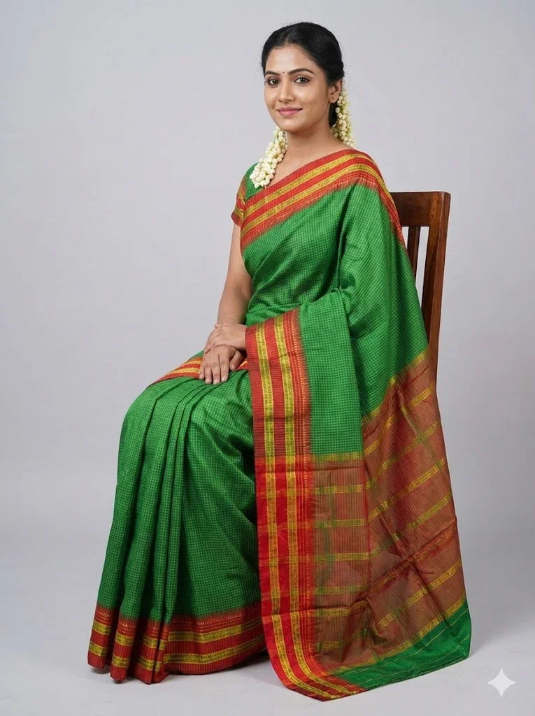 Authentic Pure Gadwal Silk Saree in Vibrant Green with Classic Checks &amp; Contrast Red Zari Border - pochampallysarees.com