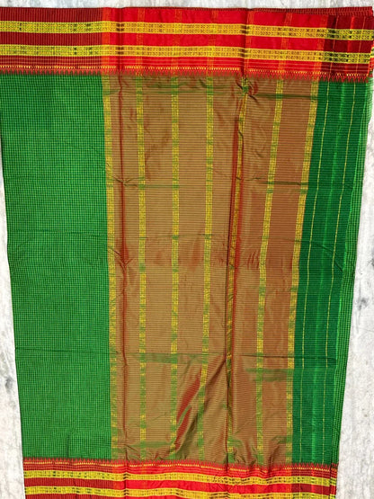 Authentic Pure Gadwal Silk Saree in Vibrant Green with Classic Checks &amp; Contrast Red Zari Border - pochampallysarees.com