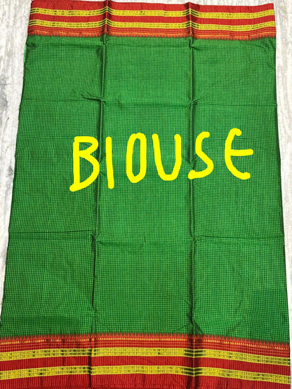 Authentic Pure Gadwal Silk Saree in Vibrant Green with Classic Checks &amp; Contrast Red Zari Border - pochampallysarees.com
