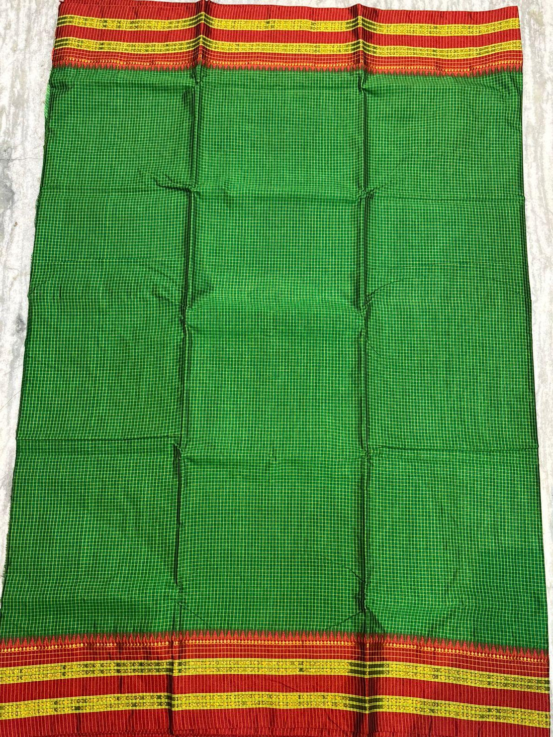 Authentic Pure Gadwal Silk Saree in Vibrant Green with Classic Checks &amp; Contrast Red Zari Border - pochampallysarees.com