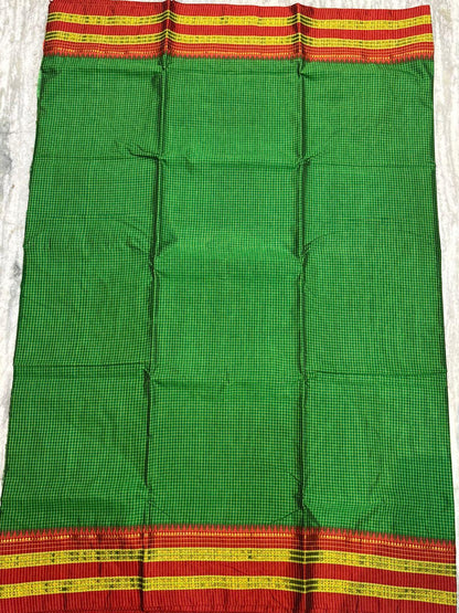Authentic Pure Gadwal Silk Saree in Vibrant Green with Classic Checks &amp; Contrast Red Zari Border - pochampallysarees.com