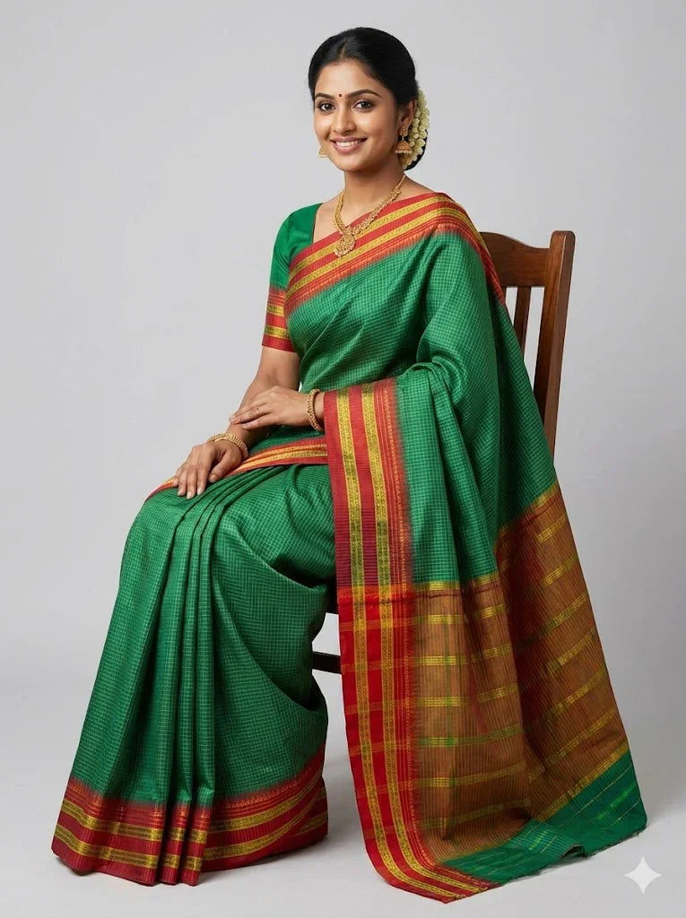 Authentic Pure Gadwal Silk Saree in Emerald Green with Contrasting Red Zari Border & Rich Striped Pallu - pochampallysarees.com