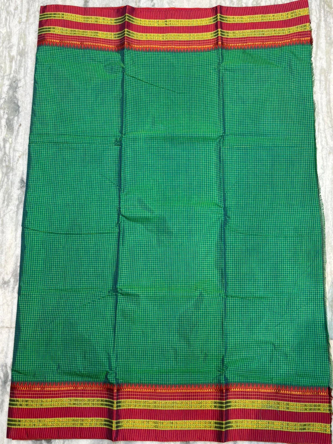 Authentic Pure Gadwal Silk Saree in Emerald Green with Contrasting Red Zari Border &amp; Rich Striped Pallu - pochampallysarees.com