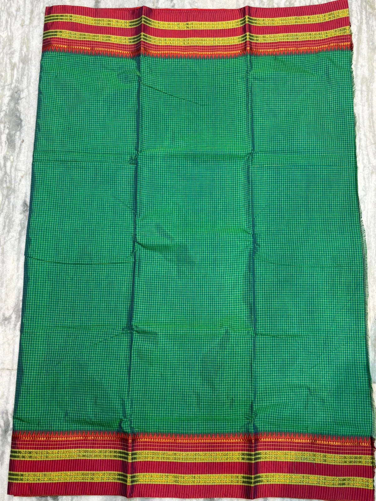 Authentic Pure Gadwal Silk Saree in Emerald Green with Contrasting Red Zari Border &amp; Rich Striped Pallu - pochampallysarees.com