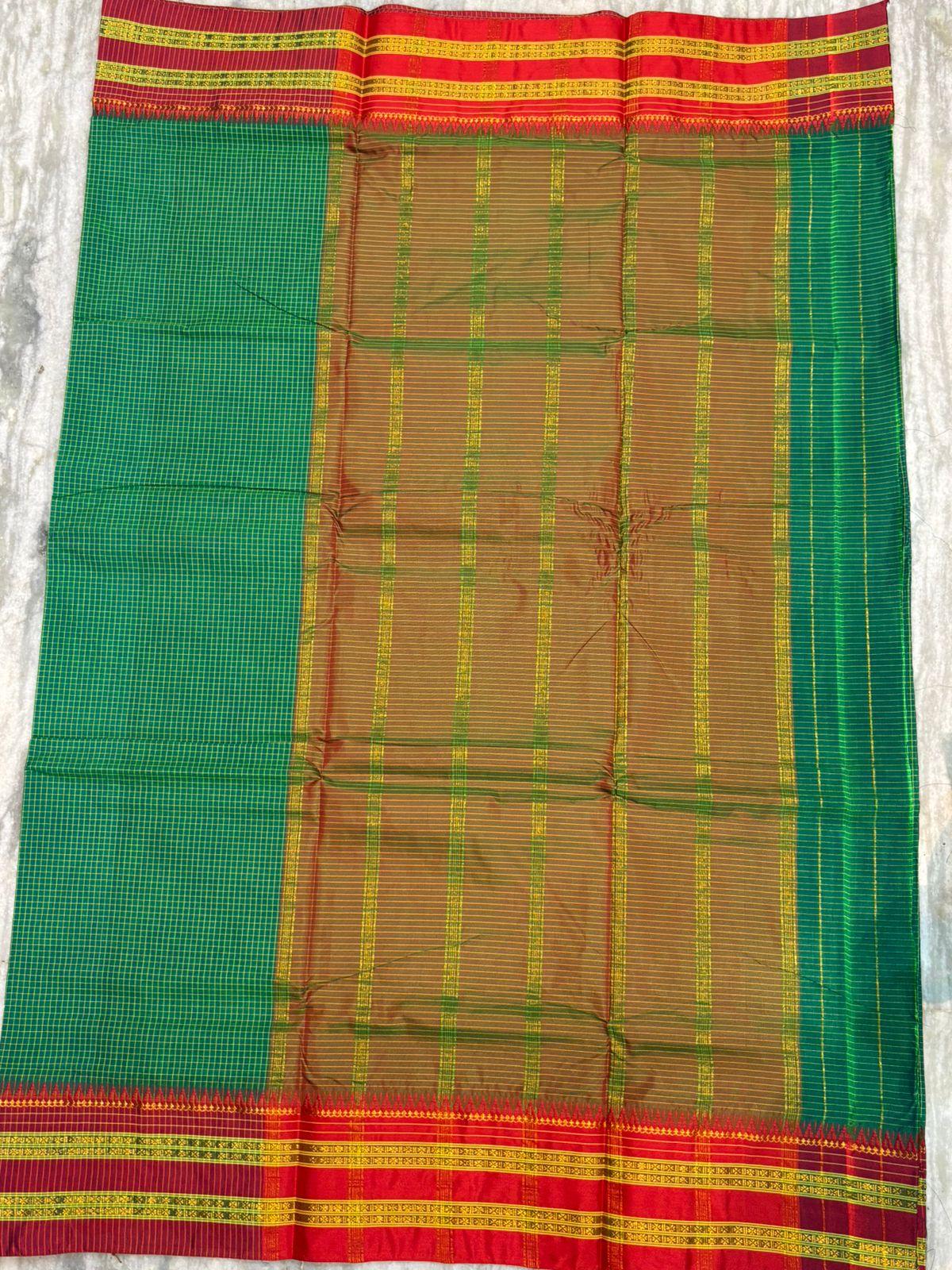 Authentic Pure Gadwal Silk Saree in Emerald Green with Contrasting Red Zari Border &amp; Rich Striped Pallu - pochampallysarees.com
