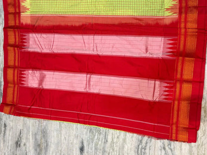 Pure Gadwal Silk Saree in Parrot Green &amp; Red | Handloom Zari Checks with Traditional Kuttu Temple Border | Authentic Wedding &amp; Festive Wear - pochampallysarees.com