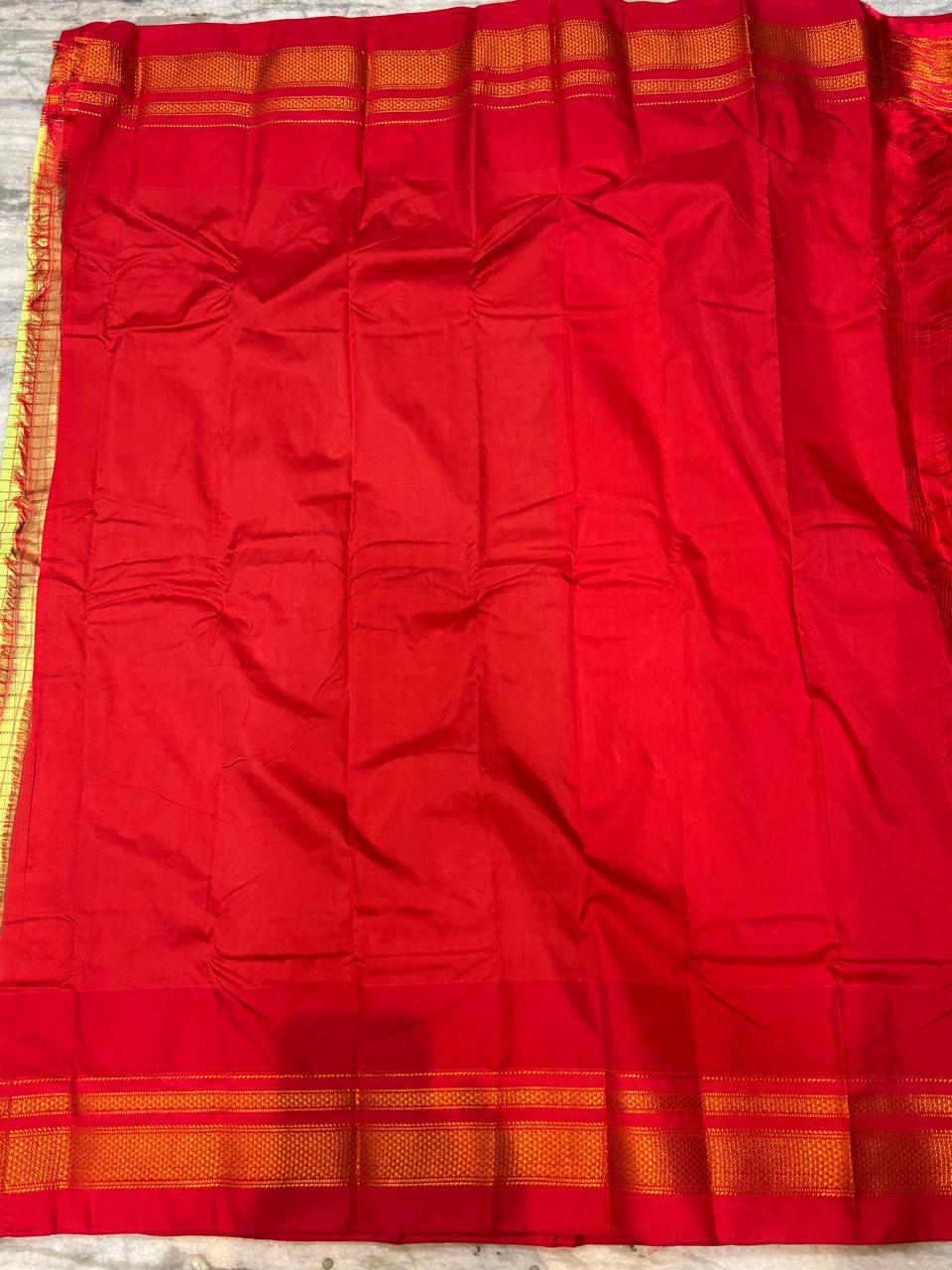 Pure Gadwal Silk Saree in Parrot Green &amp; Red | Handloom Zari Checks with Traditional Kuttu Temple Border | Authentic Wedding &amp; Festive Wear - pochampallysarees.com