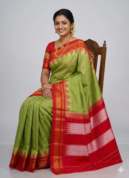 Pure Gadwal Silk Saree in Parrot Green &amp; Red | Handloom Zari Checks with Traditional Kuttu Temple Border | Authentic Wedding &amp; Festive Wear - pochampallysarees.com