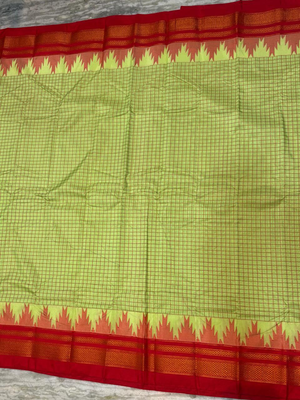 Pure Gadwal Silk Saree in Parrot Green &amp; Red | Handloom Zari Checks with Traditional Kuttu Temple Border | Authentic Wedding &amp; Festive Wear - pochampallysarees.com