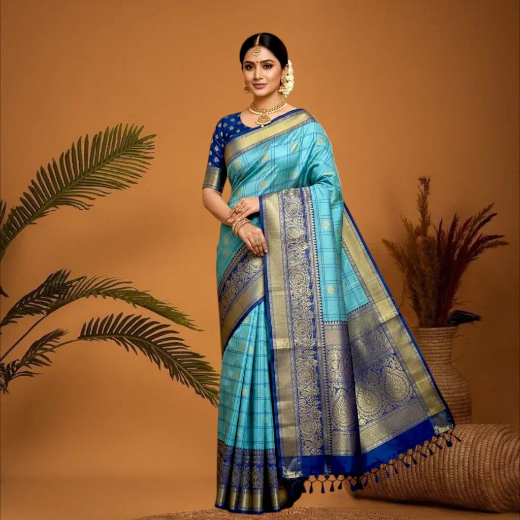 PURE GADWAL SILK LIGHT BLUE BODY BUTTI BLUE PALLU BLUE BIG BORDER AND BLOUSE BLUE SAREE - pochampallysarees.com