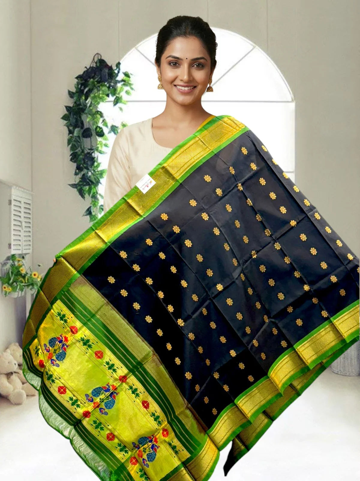 Handmade Gadwal Silk Paithani Dupatta in Navy Blue | Silk Mark Certified | Traditional Zari Border with Peacock Motifs - pochampallysarees.com