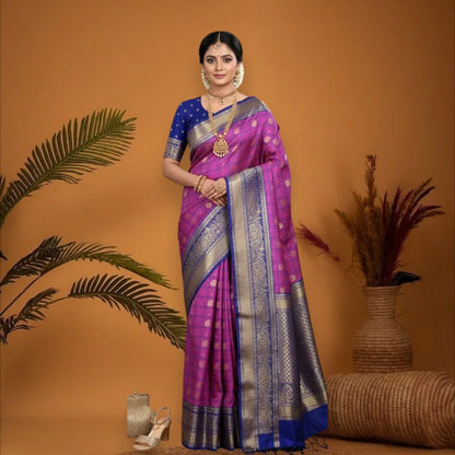 PURE GADWAL SILK PINK BODY BUTTI BLUE PALLU BLUE BIG BORDER AND BLOUSE BLUE SAREE - pochampallysarees.com