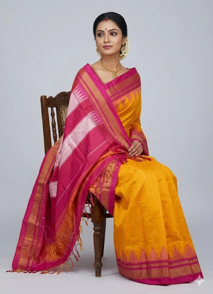 Gadwal Silk Saree in Mustard Yellow &amp; Magenta Pink with Zari Temple Border | Handloom Checks Design - pochampallysarees.com