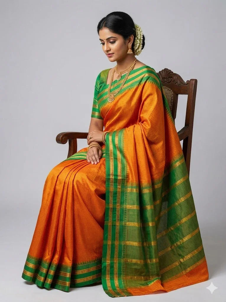 Pure Gadwal Silk Saree in Vibrant Orange with Contrast Green Zari Border &amp; Checkered Pattern - pochampallysarees.com