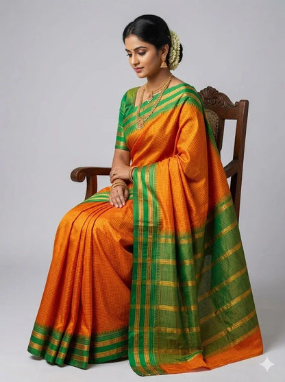 Pure Gadwal Silk Saree in Vibrant Orange with Contrast Green Zari Border &amp; Checkered Pattern - pochampallysarees.com
