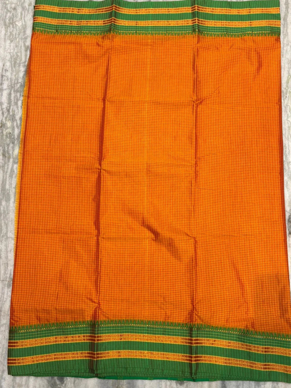 Pure Gadwal Silk Saree in Vibrant Orange with Contrast Green Zari Border &amp; Checkered Pattern - pochampallysarees.com