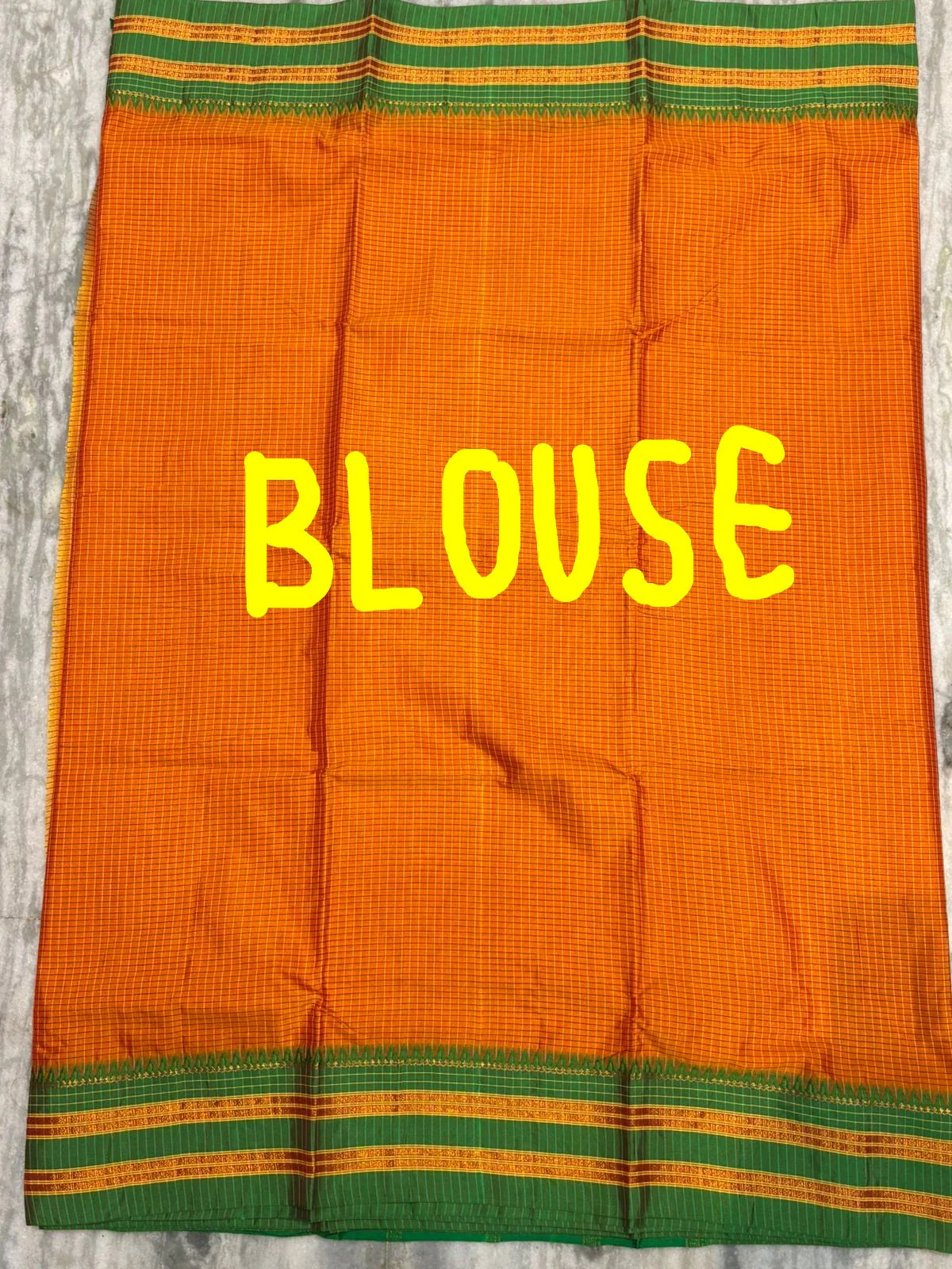 Pure Gadwal Silk Saree in Vibrant Orange with Contrast Green Zari Border &amp; Checkered Pattern - pochampallysarees.com