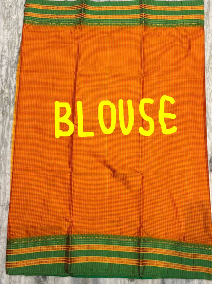 Pure Gadwal Silk Saree in Vibrant Orange with Contrast Green Zari Border &amp; Checkered Pattern - pochampallysarees.com
